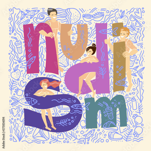Nudism. Nudist beach. Nude people relax on a nudist beach. Rest naked. Handwritten inscription Nudism. Doodle style. Flat vector illustration.