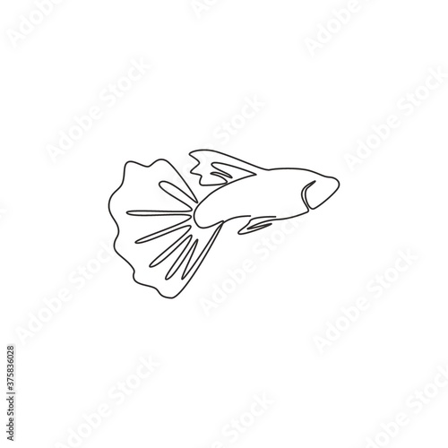 Single continuous line drawing of beauty guppy fish for aquarium logo identity. Freshwater aquarium fish mascot concept for aquatic park icon. Modern one line draw design vector graphic illustration