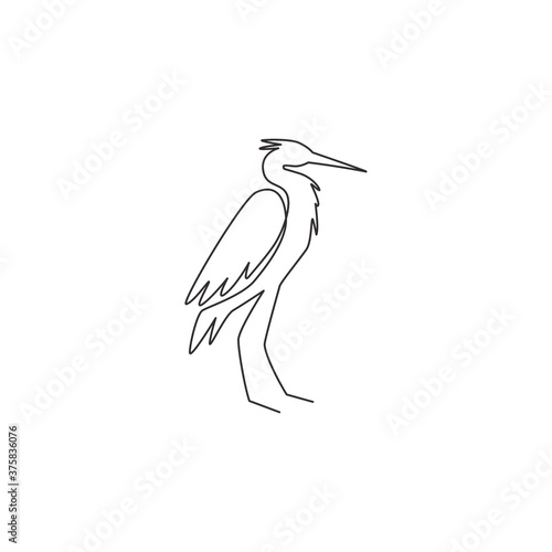 Single continuous line drawing of adorable standing heron for company logo identity. Long beak bird mascot concept for national conservation park icon. Modern one line draw design vector illustration