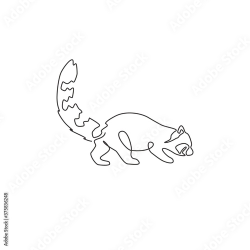 One single line drawing of funny red panda for company logo identity. Endangered cute red cat-bear mascot concept for national park icon. Modern continuous line draw design vector graphic illustration