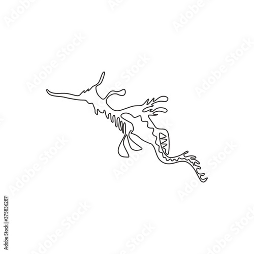 One continuous line drawing of cute leafy seadragon for aquatic logo identity. Camouflage animal mascot concept for sea world show icon. Modern single line draw graphic design vector illustration