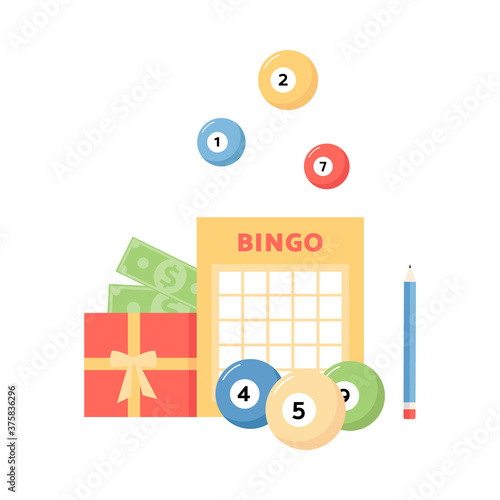 Bingo game card, balls and prize money concept isolated on white background