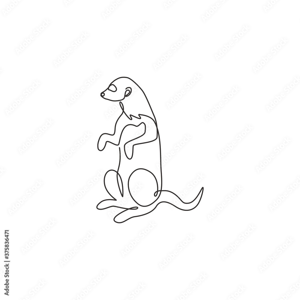 Obraz premium One single line drawing of adorable meerkat for company logo identity. Suricata suricatta animal mascot concept for national zoo icon. Modern continuous line draw design vector graphic illustration
