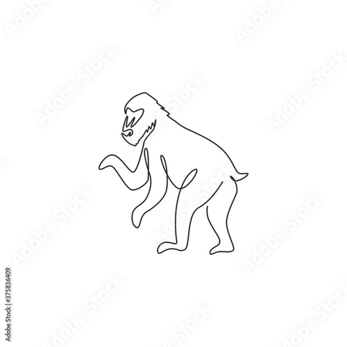 One continuous line drawing of cute mandrill for company logo identity. Big exotic monkey mascot concept for national zoo icon. Modern single line draw design graphic vector illustration