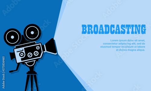 Vector illustration of a studio broadcast camera. Suitable for live broadcast illustrations, online show promotion banners and cinema poster presentations. Movie video promotion background template.