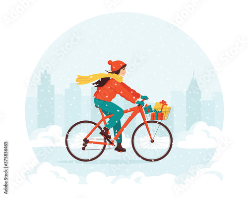 Young happy woman rides a bicycle with gifts in a basket in a snowy city park. Concept for greeting card, invitation, banner, sticker. New Year and Christmas holidays. Isolated vector illustration