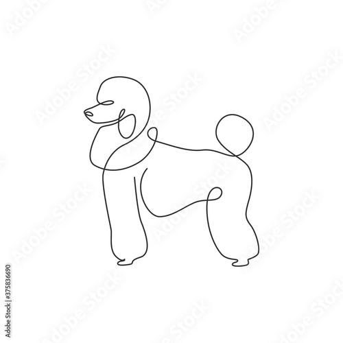 Single continuous line drawing of adorable poodle dog for company logo identity. Purebred dog mascot concept for pedigree friendly pet icon. Modern one line draw design vector graphic illustration