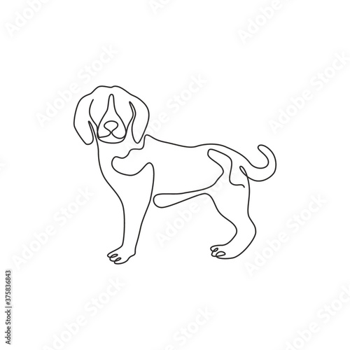 One continuous line drawing of funny beagle dog for company logo identity. Purebred dog mascot concept for pedigree friendly pet icon. Modern single line draw design vector illustration