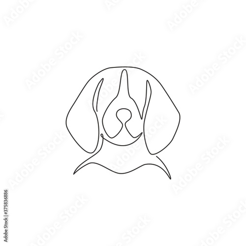 Single continuous line drawing of adorable beagle dog head for company logo identity. Purebred dog mascot concept for pedigree friendly pet icon. Modern one line draw design vector illustration