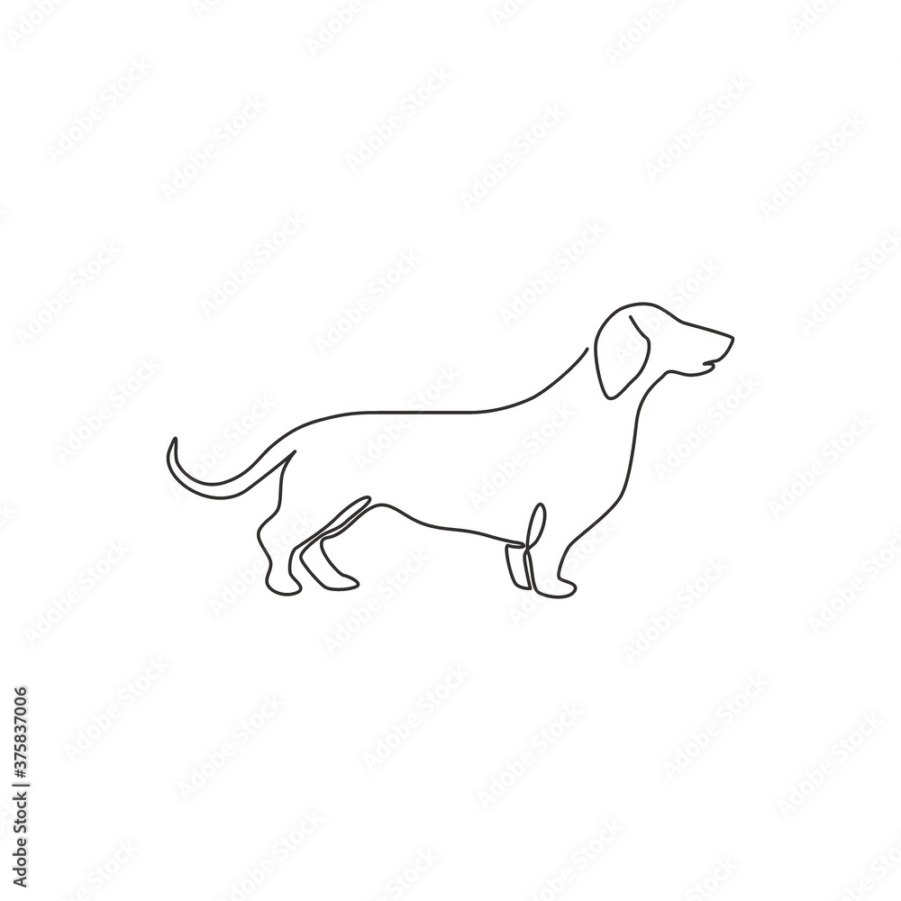 One continuous line drawing of adorable dachshund dog for logo identity. Purebred dog mascot concept for pedigree friendly pet icon. Modern single line draw design vector graphic illustration