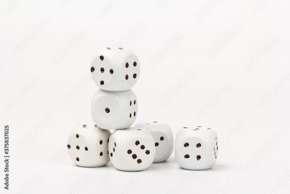 White gamble dice with black dots, isolated on white background. White gamble dice with black dots, isolated on white background.