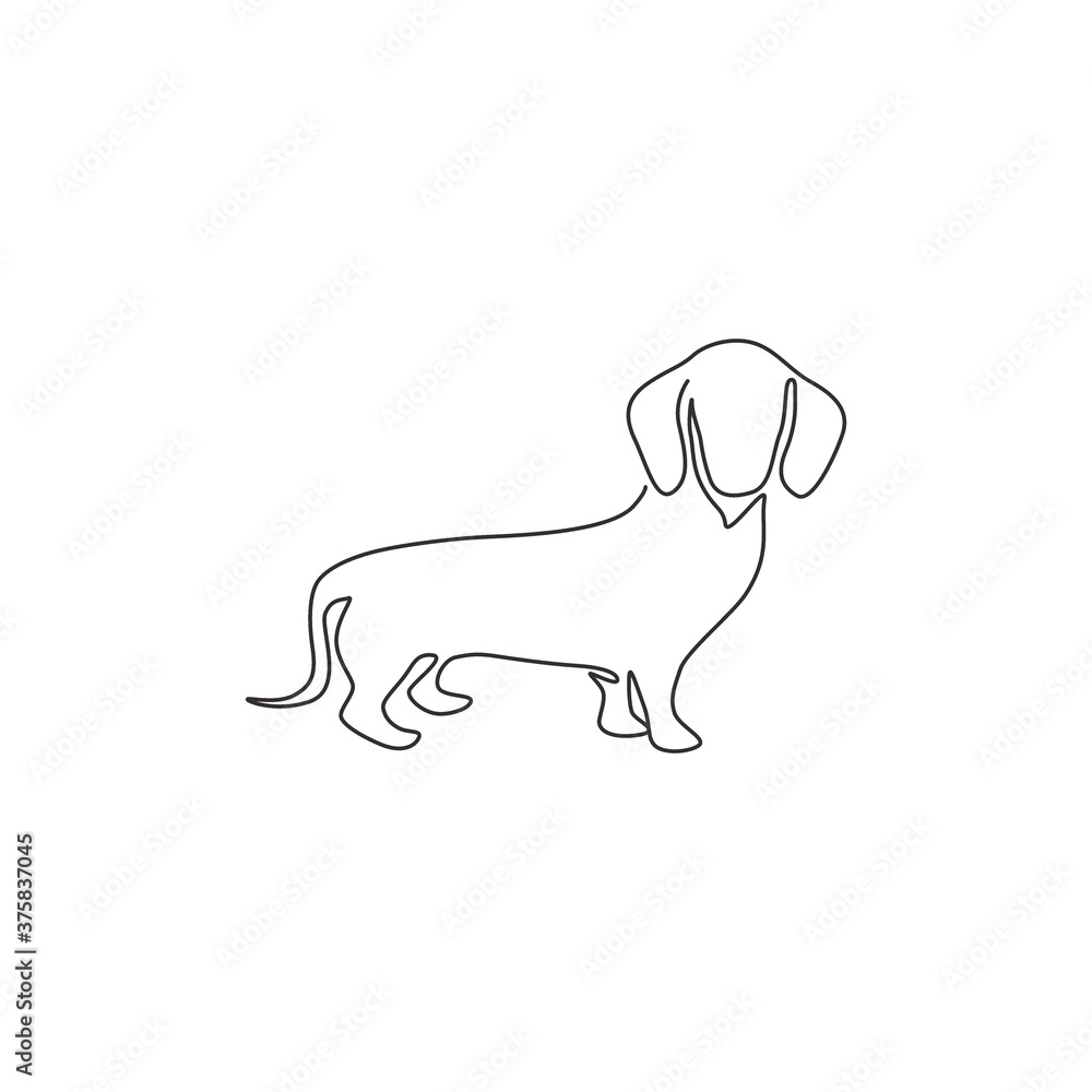 Single one line drawing of funny dachshund dog for logo identity. Purebred dog mascot concept for pedigree friendly pet icon. Modern continuous one line draw design graphic vector illustration