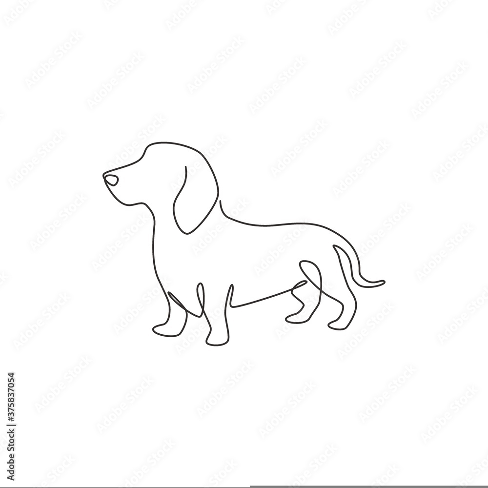 Single continuous line drawing of cute dachshund dog for logo identity. Purebred dog mascot concept for pedigree friendly pet icon. Modern one line draw design graphic vector illustration