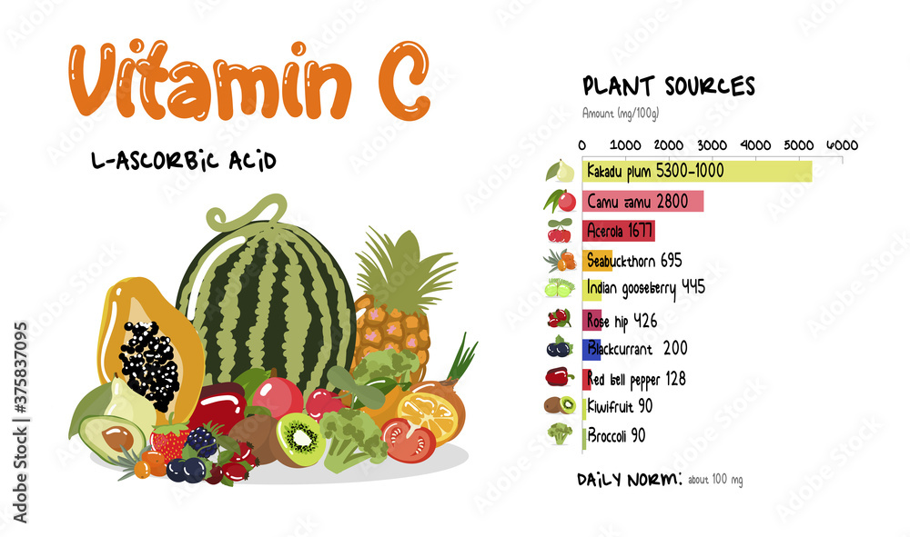 Vitamin C infographics. Top products and plants rich vitamin C ascorbic acid  with daily norm and diagram. Flat food illustration. Stock Vector | Adobe  Stock