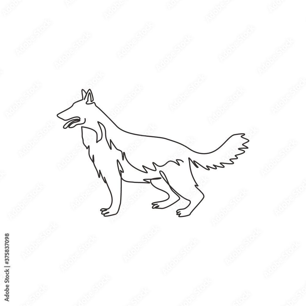 Fototapeta premium Single one line drawing of dashing german shepherd dog for company logo identity. Purebred dog mascot concept for pedigree friendly pet icon. Modern continuous one line draw design vector illustration
