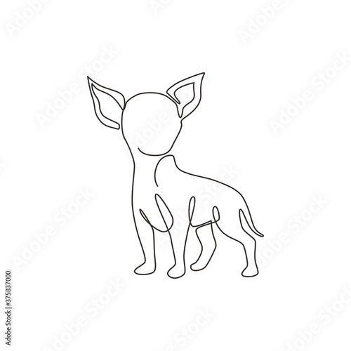Single continuous line drawing of cute chihuahua dog for company logo identity. Purebred dog mascot concept for pedigree friendly pet icon. Modern one line draw design graphic vector illustration