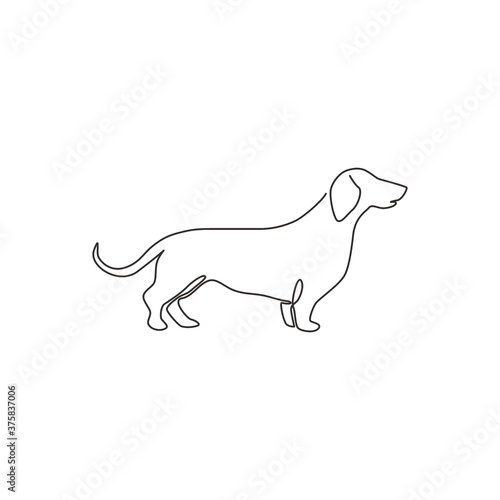 One continuous line drawing of adorable dachshund dog for logo identity. Purebred dog mascot concept for pedigree friendly pet icon. Modern single line draw design vector graphic illustration