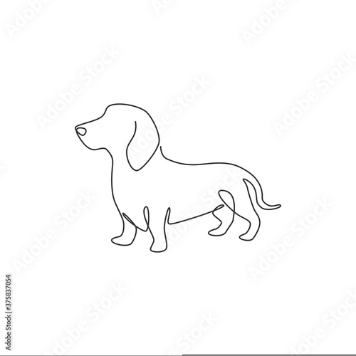Single continuous line drawing of cute dachshund dog for logo identity. Purebred dog mascot concept for pedigree friendly pet icon. Modern one line draw design graphic vector illustration