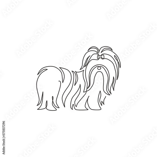 One continuous line drawing of cute shih tzu dog for pet salon logo identity. Purebred dog mascot concept for pedigree friendly pet icon. Modern single line draw design vector graphic illustration