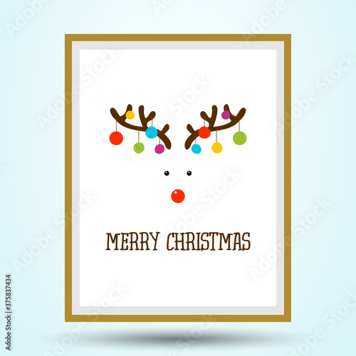 Merry Christmas - Calligraphy phrase for Xmas with raindeer antlers and red nose. Lettering for Xmas greetings cards. Good for t-shirt, mug, gift, printing press. Holiday quotes with picture frame.