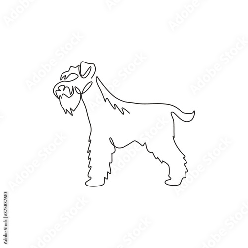 Single one line drawing of adorable miniature schnauzer for company logo identity. Purebred dog mascot concept for pedigree friendly pet icon. Modern continuous line draw design vector illustration