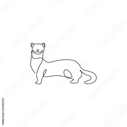 Single one line drawing of cute weasel for company logo identity. Small and active mammal predator mascot concept for national zoo icon. Modern continuous line draw design vector graphic illustration