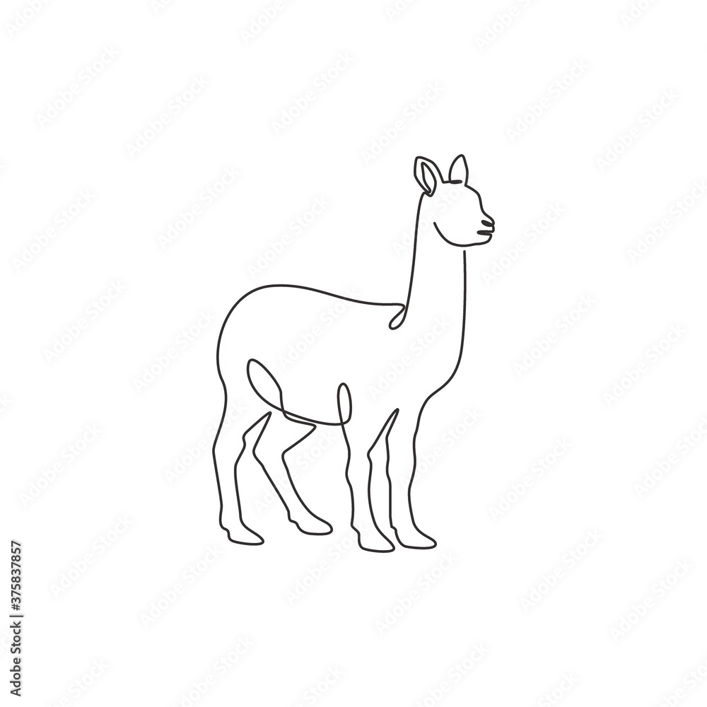 One continuous line drawing of funny alpaca for farm logo identity. Domesticated mammal animal mascot concept for livestock icon. Modern single line draw design vector graphic illustration