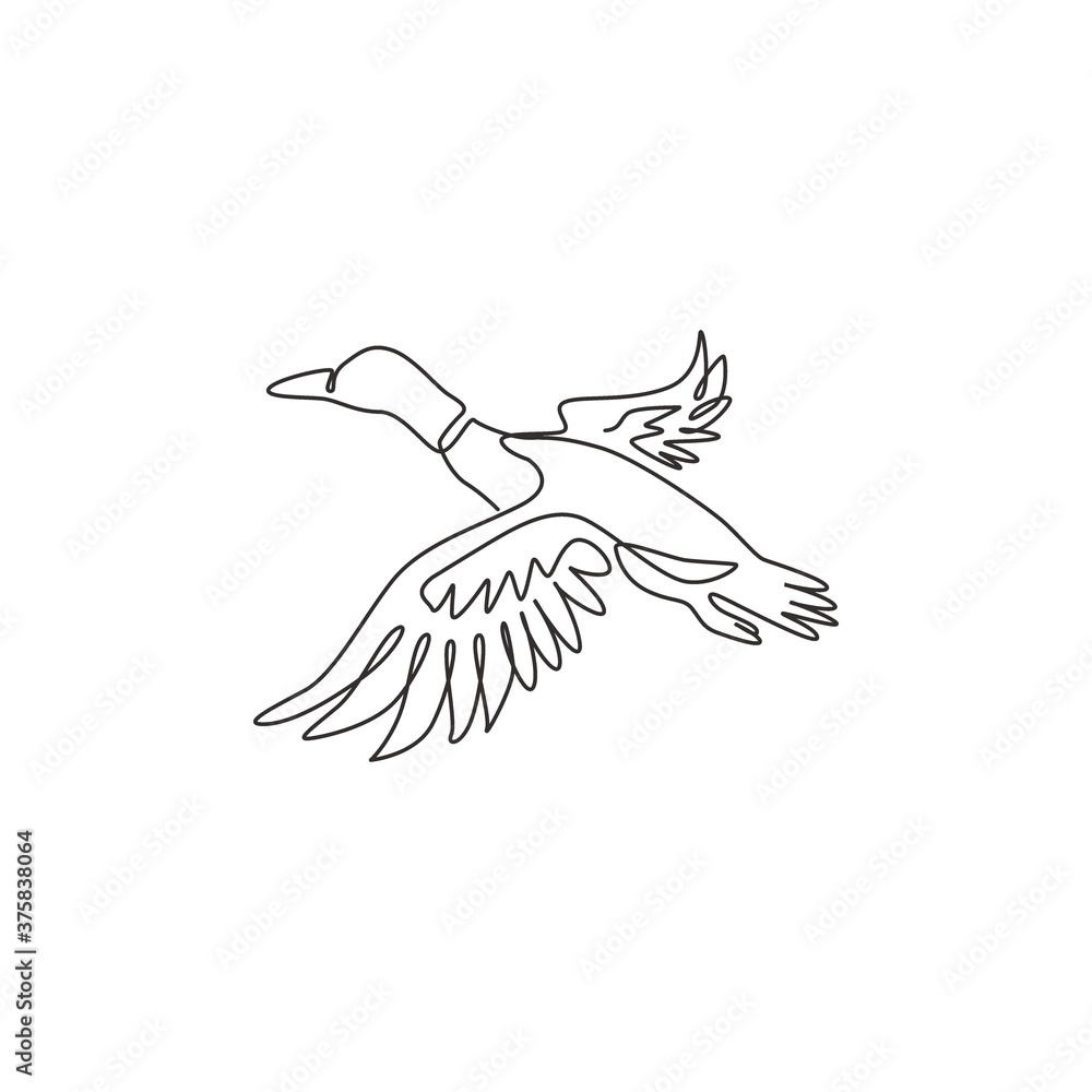 Single one line drawing of adorable flying mallard duck for company logo  identity. Beauty duck mascot concept for animal husbandry icon. Modern  continuous line draw design graphic vector illustration Stock Vector |