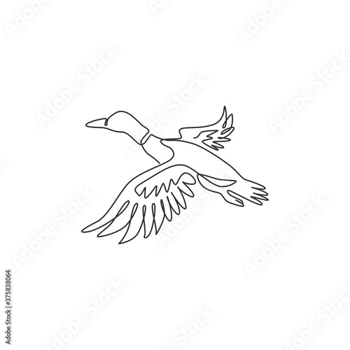 Single one line drawing of adorable flying mallard duck for company logo identity. Beauty duck mascot concept for animal husbandry icon. Modern continuous line draw design graphic vector illustration