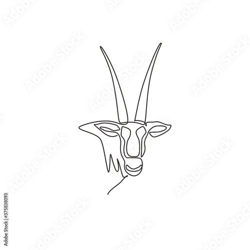 Single one line drawing of gallant oryx head for company logo identity. Gazelle mammal animal mascot concept for national zoo icon. Modern continuous line draw design graphic vector illustration