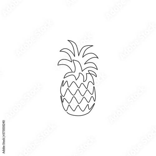 Single continuous line drawing whole healthy pineapple organic for orchard logo identity. Fresh summer fruitage concept for fruit garden icon. Modern one line draw design vector graphic illustration