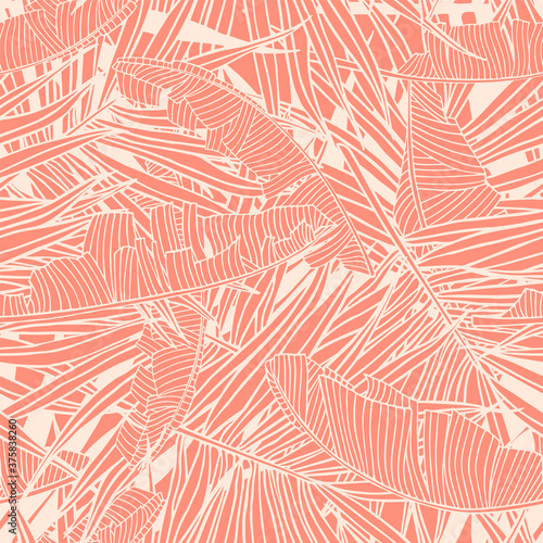 Tropical pattern with leaves. Seamless texture with banana and palm tree leaf. Background for the travel and tourism industry, summer print. Modern trendy backdrop for web sites and the internet.