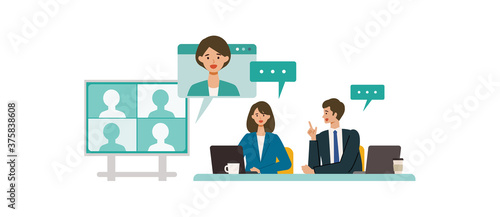 テレビ会議をする社会人のイラスト