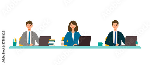 笑顔でデスクに着席する社会人のイラスト