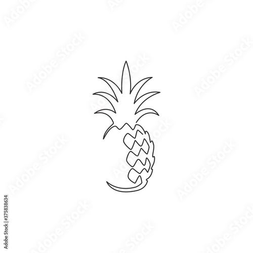 One continuous line drawing whole healthy organic pineapple for orchard logo identity. Fresh summer fruitage concept for fruit garden icon. Modern single line draw design vector graphic illustration