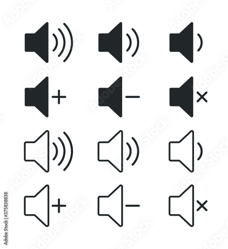 Speaker audio icon collection. Volume voice control on off mute symbol set. Flat application interface sound sign button. Vector illustration image. Isolated on white background.