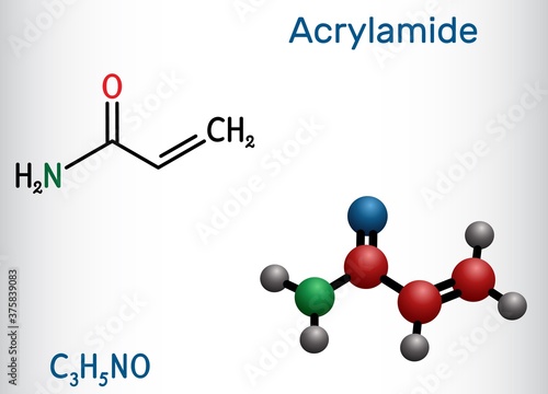 Acrylamide, ACR, acrylic amide molecule. It is as a precursor to polyacrylamides. Structural chemical formula and molecule model. Vector illustration