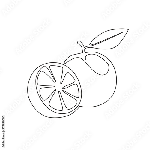 Single one line drawing sliced healthy organic orange for orchard logo identity. Fresh tropical fruitage concept for fruit garden icon. Modern continuous line graphic draw design vector illustration