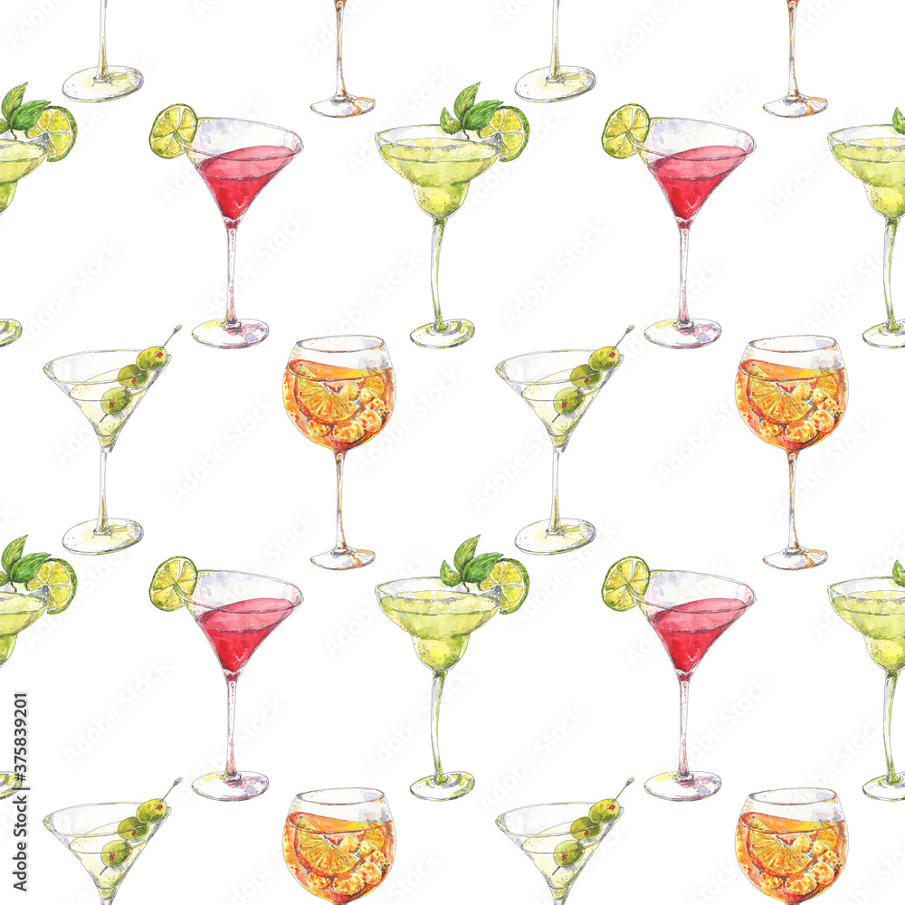 Bright cocktails watercolor seamless pattern with margarita, martini ...