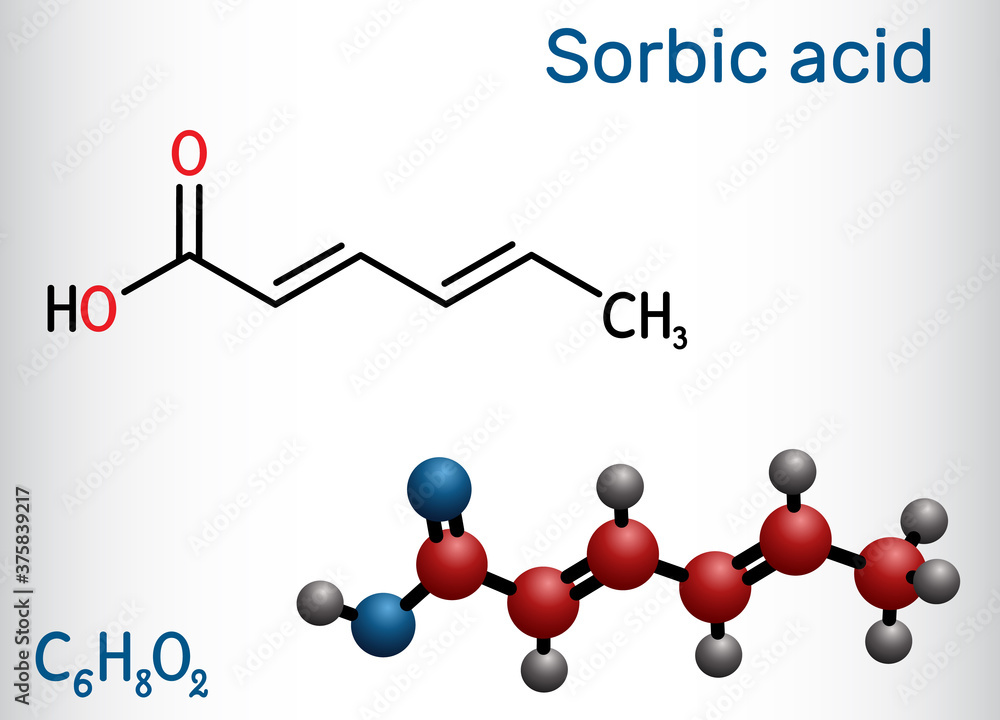 Sorbic acid, 2,4-hexadienoic acid, E200 molecule. It is hexadienoic and ...