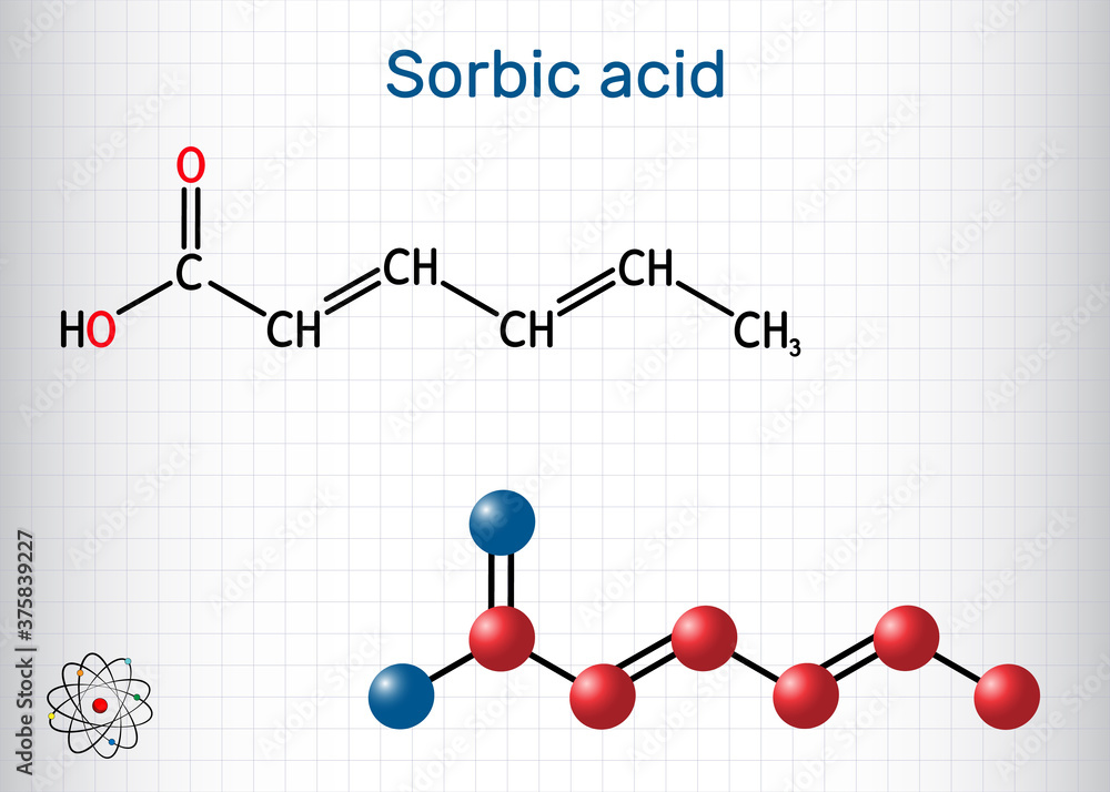 Sorbic acid, 2,4-hexadienoic acid, E200 molecule. It is hexadienoic and polyunsaturated fatty acid. It is conjugate acid of sorbate. Sheet of paper in a cage Sorbic acid, 2,4-hexadienoic acid, E200 molecule. It is hexadienoic and polyunsaturated fatty acid. It is conjugate acid of sorbate. Sheet of paper in a cage
