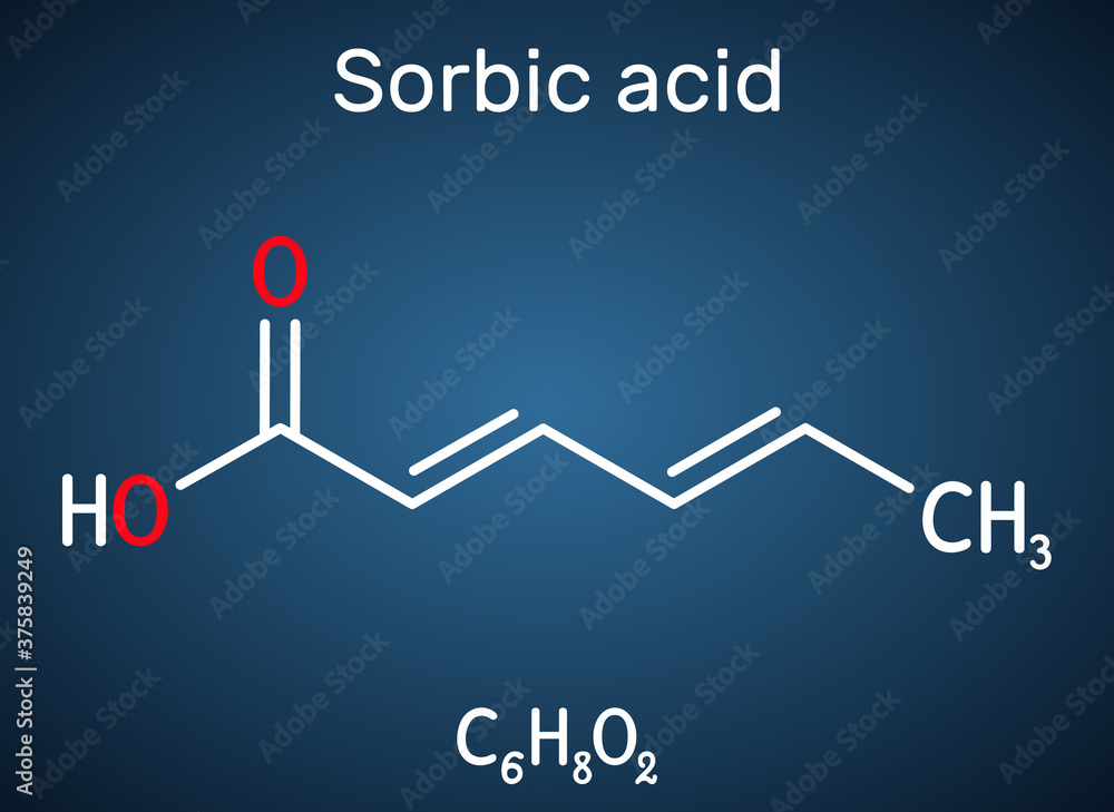 Sorbic acid, 2,4-hexadienoic acid, E200 molecule. It is hexadienoic and polyunsaturated fatty acid. It is conjugate acid of sorbate. Structural chemical formula on the dark blue background Sorbic acid, 2,4-hexadienoic acid, E200 molecule. It is hexadienoic and polyunsaturated fatty acid. It is conjugate acid of sorbate. Structural chemical formula on the dark blue background