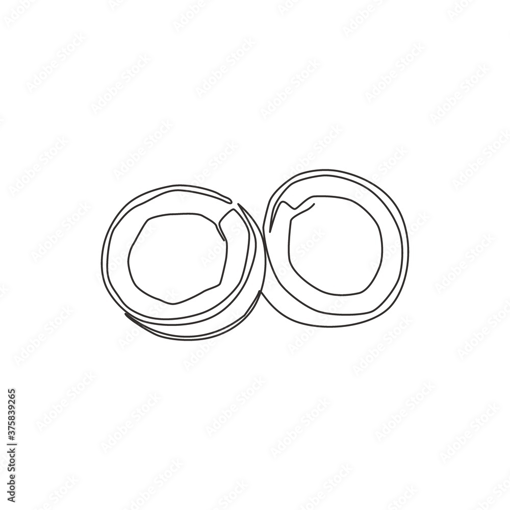 One single line drawing of half sliced healthy organic coconut for orchard logo identity. Fresh fruitage concept for fruit garden icon. Modern continuous line draw graphic design vector illustration One single line drawing of half sliced healthy organic coconut for orchard logo identity. Fresh fruitage concept for fruit garden icon. Modern continuous line draw graphic design vector illustration