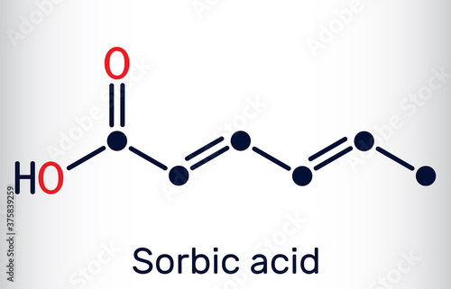 Sorbic acid, 2,4-hexadienoic acid, E200 molecule. It is hexadienoic and polyunsaturated fatty acid. It is conjugate acid of sorbate. Skeletal chemical formula