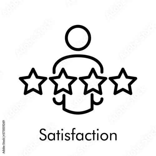 Logotipo lineal con texto Satisfaction con hombre con estrellas en color negro