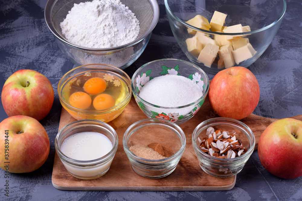 Step by step recipe for making pie with fruits and nuts. Set of the ingredients for cooking the dessert Step by step recipe for making pie with fruits and nuts. Set of the ingredients for cooking the dessert