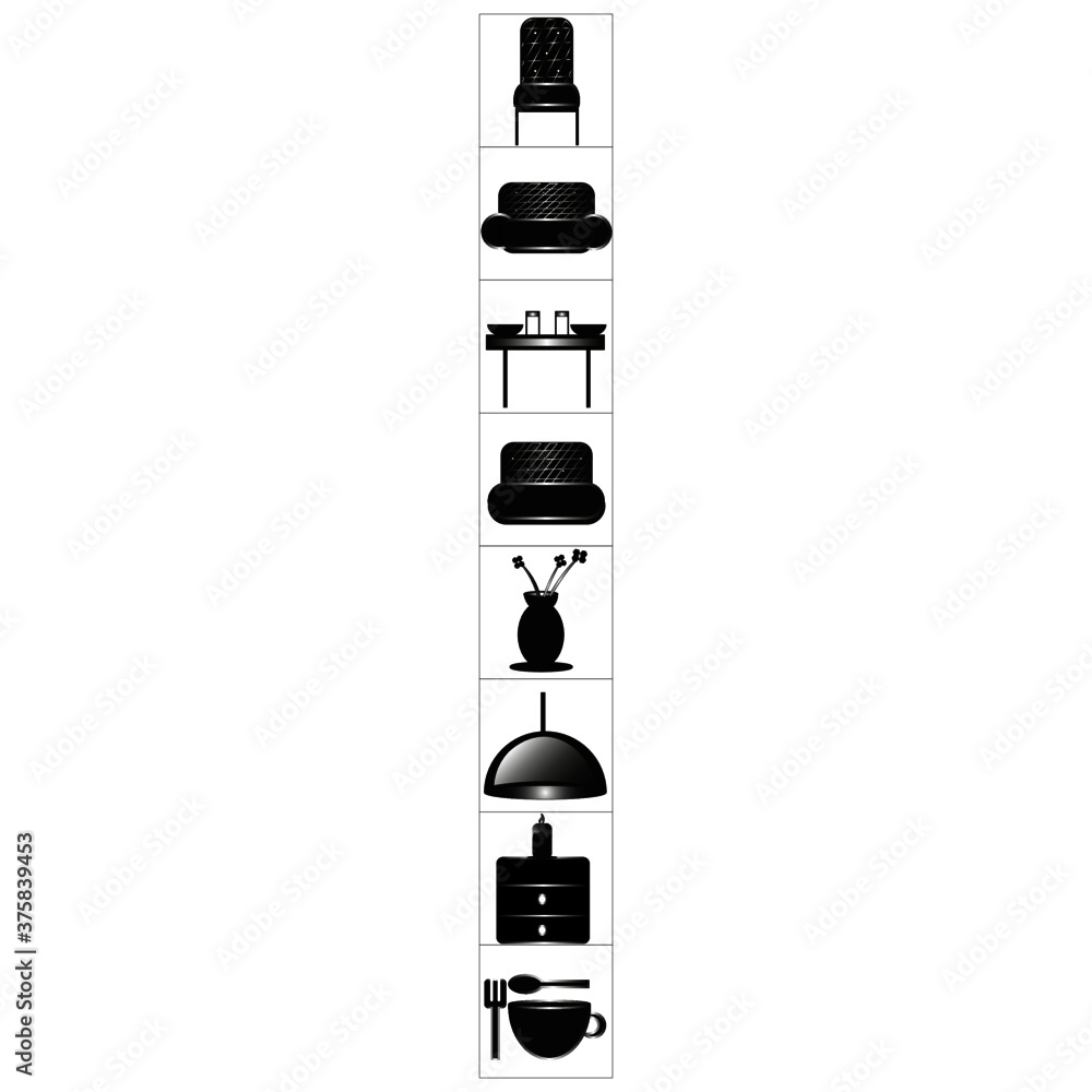 Vector icons of furniture in black and silver gradient laconic palette Vector icons of furniture in black and silver gradient laconic palette
