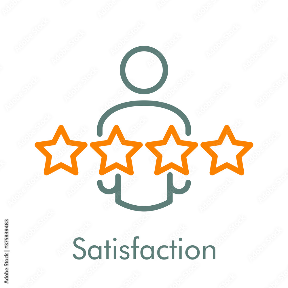 Logotipo lineal con texto Satisfaction con hombre con estrellas en naranja y gris