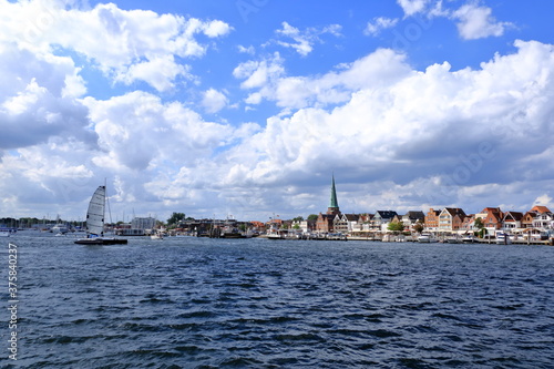 August 22 2020 - Travemuende/Germany: Famous Baltic Sea marina with a lot of berths and a lot of sailing boats in the water against blue sky © Dynamoland