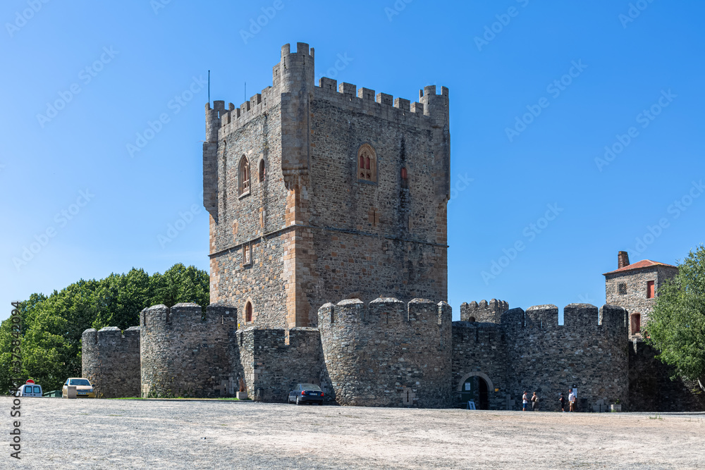 View at the exterior facade tower at Castle of Bragança, an iconic monument building at the Bragança city, portuguese patrimony